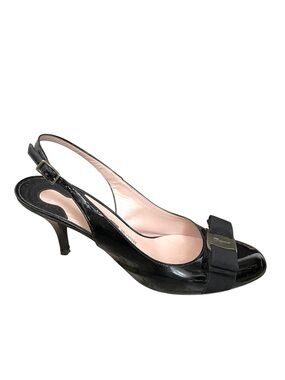 Salvatore Ferragamo Vara Slingback Heels Bow Accent Black Patent Leather 7.5